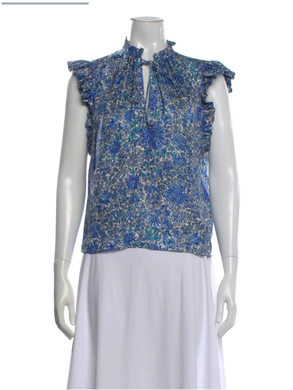 Sandro Blue Floral Ruffle Tie-Neck Camisole